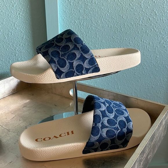 COACH Men's Denim Logo Print Slides in Denim/Chalk Size 10 - Picture 1 of 4